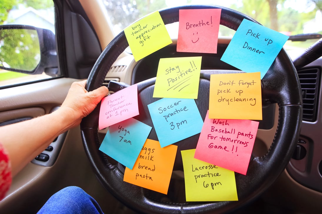 Steering Wheel Covered in Notes as a Reminder of Errands to Do